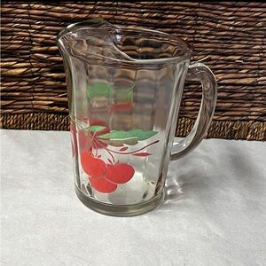 Vintage Glass Juice Ice Lip Pitcher With Cherry Motif